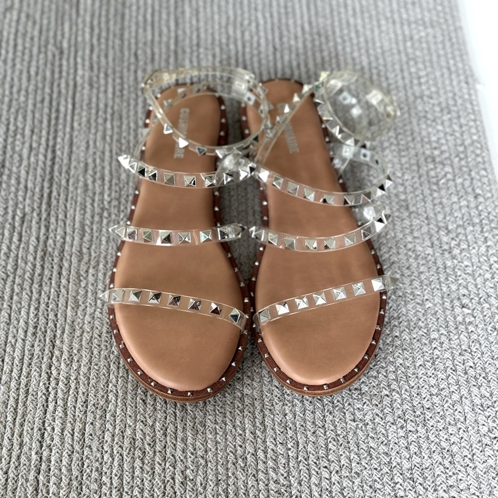 CUSHIONARE Clear Silver Studded Ankle Strap Sandals Size 8